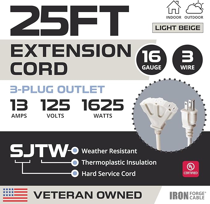 Iron Forge Cable Weatherproof 25 Ft Outdoor Extension Cord with 3 Outlets - 16/3 SJTW Heavy Duty Beige Extension Cord 3 Prong - 13 Amp Power Cable