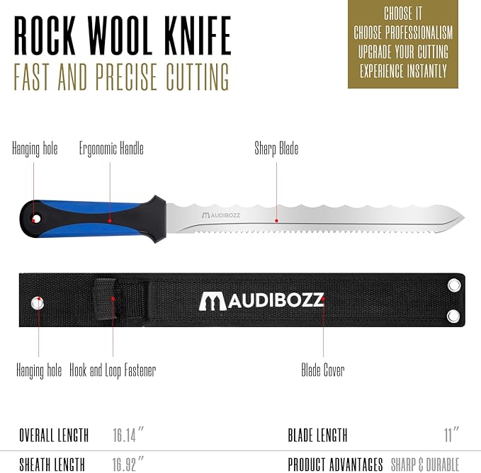 Insulation Knife - Sod Cutter Knife: stainless steel 11.14-Inch sharp blade, double side utility Lawn Repair Saw with Nylon Sheath