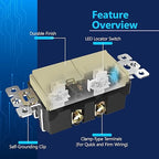 LIDER Minimalist Design Matte Finish Lighted Double Switch, Combination Frameless Decorator Switch with Locator Light, Ground Terminal, Single Pole, 15A 120-277V, UL Listed, LCS2-1P-I, Ivory