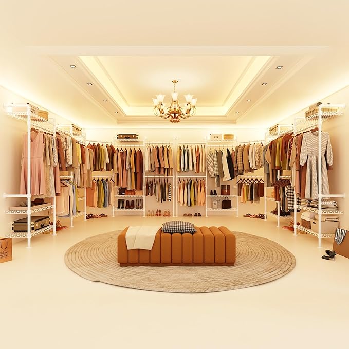 H6 Wall Mounted Closet System, Industrial Pipe Clothes Rack Clothing Racks with 6 Telescopic Rods & 3 Fixing Rods & 9 Shelves, Heavy Duty Closet Organizers and Storage in Wardrobe Closet (White)