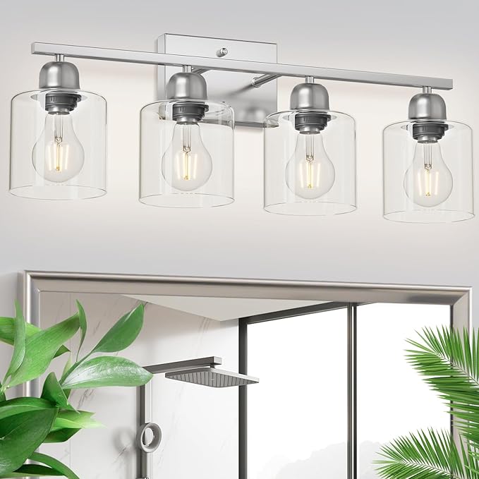 Modern Brushed Nickel 4 Light Bathroom Light Fixtures, 24 inch Vanity Lights for Bathroom with Clear Glass for Mirror Kitchen Living Room Hallway Cabinet Porch