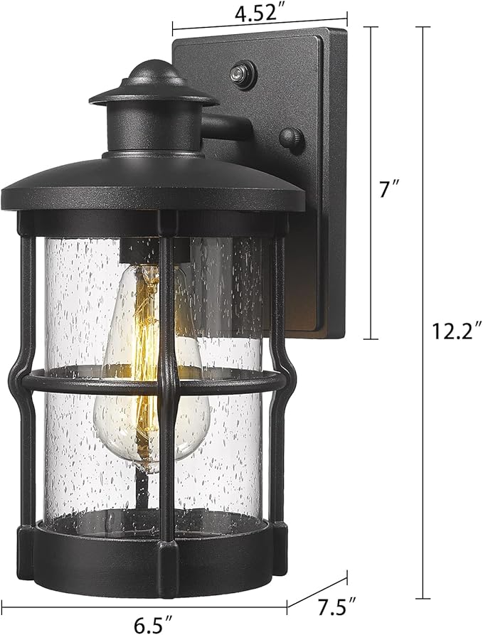 Outdoor Wall Sconces, Dusk to Dawn Outdoor Wall Lights, Exterior Wall Mount Lighting, Wall Light Fixture in Black Finish with Seeded Glass, 2 Pack, DDLTM-W-2Pack