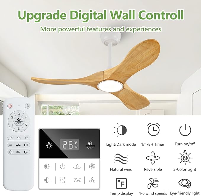 42-Inch Natural Wood Ceiling Fan with Lights, Remote Control, Dimmable, Reversible, Wood Blades, Power-Off Memory, Quiet DC Motor – Modern outdoor Ceiling Fan for Living Room, Bedroom, Patio