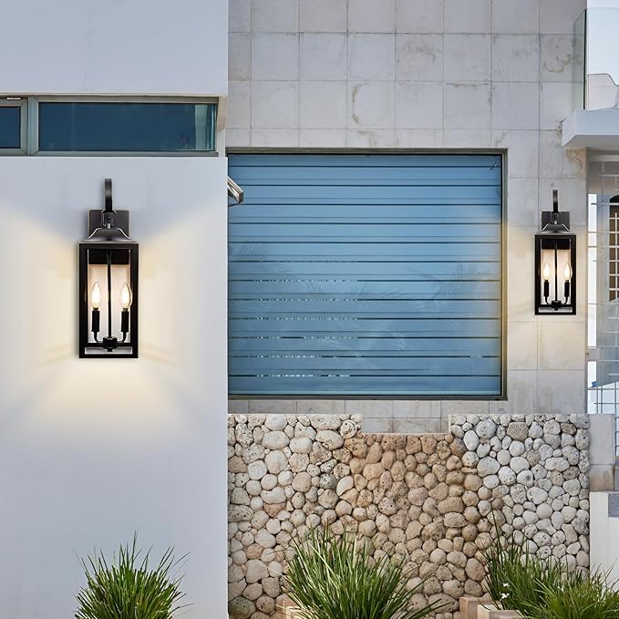 19" Large Outdoor Wall Light - Black Outside Wall Mounted Light Fixture with Gold Trim, Exterior Farmhouse Wall Sconce Lantern, Modern Porch Lighting Exterior Lamp for House 2-Light