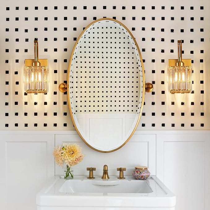 Wall Sconces, Set of 2 Gold Crystal Vanity Lights, Modern Wall Lamp for Bathroom, Hallway, and Makeup, Easy Installation