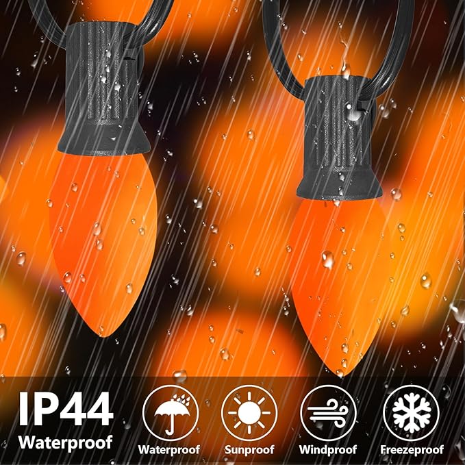 C9 Halloween Orange Replacement Bulbs 25 Pack, C9 Ceramic Orange Incandescent Bulb Christmas Light Bulbs for Halloween String Lights Outdoor Patio Christmas Lighting, E17 Intermediate Base, 7 Watts