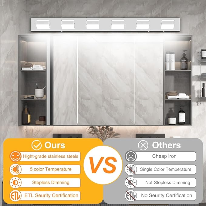 Ralbay 48inch Chrome Vanity Light for Bathroom with 5 Color Temperatures (3000K-6000K) Dimmable Stainless Steel Acrylic LED Modern Chrome Bathroom Light Fixtures (6-Light)