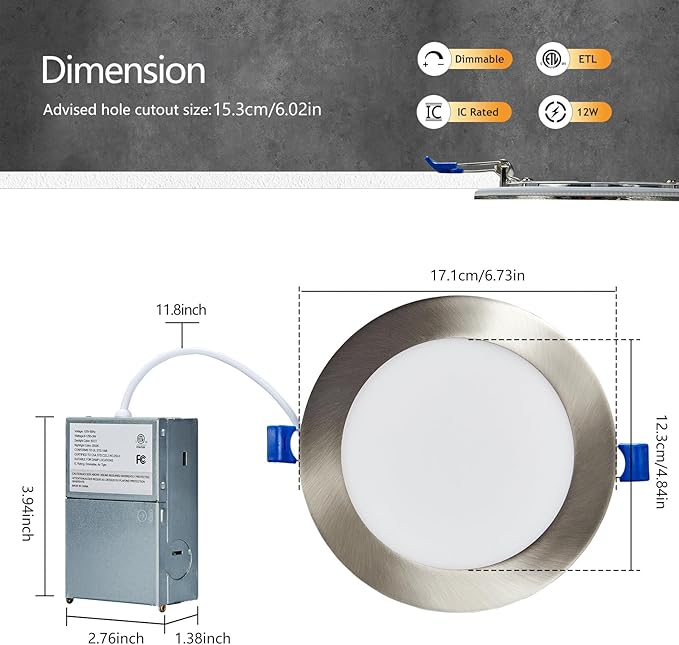 CycevSun Brushed Nickel Recessed Lighting 6 Inch with Night Light 12 Pack, Canless Ultra Thin Wafer Downlight Outdoor Exterior Soffit, Dimmable & 5CCT Selectable, 12W, ETL & Energy Star