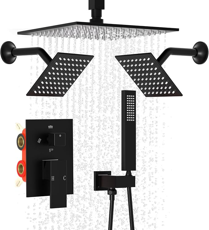 Enga 10 Inch + Dual 6-Inch Rain Shower System, Four Modes Diverter Shower Faucet with Handheld, Luxury Rain Mixer Shower Combo Set, Matte Black