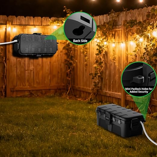 QUOBAS Outdoor Waterproof Electrical Box with 6 Cable Ports, IP54 Weatherproof Heavy-Duty Extension Cord Cover for Power Strips, Garden Power Tools, Holiday Lights, Black