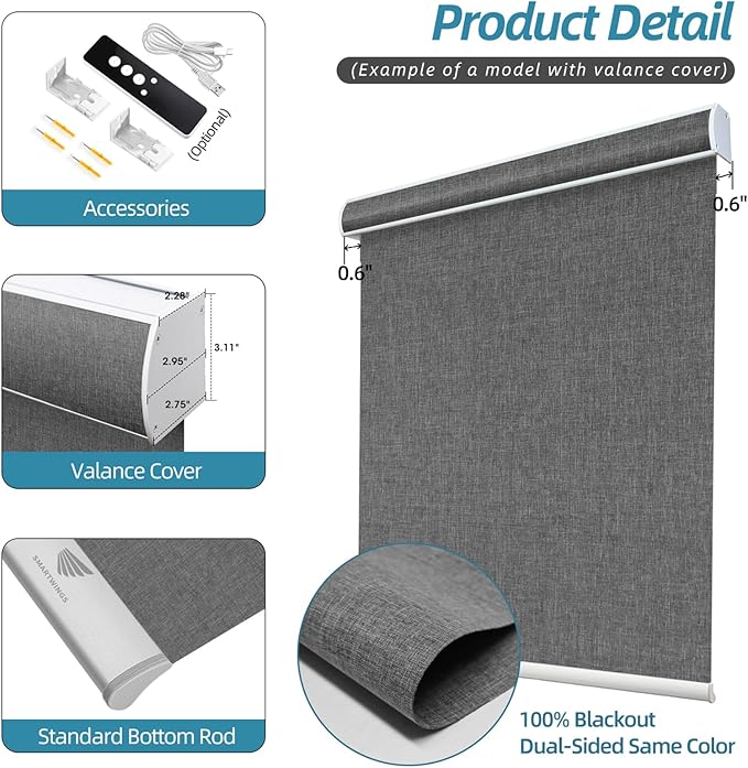 SmartWings Motorized Smart Blinds with Remote, Automatic Blackout Roller Shade Work with Alexa Homekit Thread Google Z-Wave, Electric Blind for Window, Custom Width Up to 110" W,Bouvardia Medium Grey