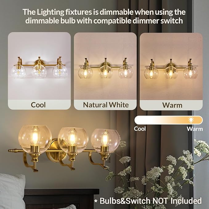ANDY STAR Gold Bathroom Light Fixtures, Antique Brass Vanity Light, 3 Lights Wall Light with Globe Clear Lampshade, Vintage Wall Sconce with Metal Lamp Body for Bedroom, Living Room, Hallway