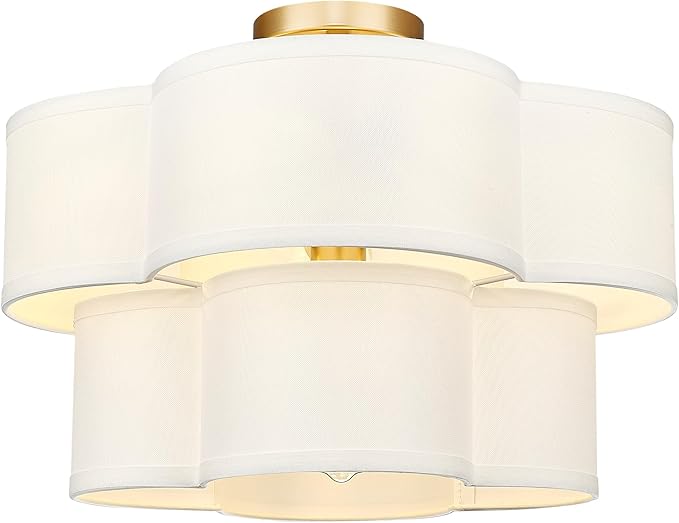 Gold Semi Flush Mount Ceiling Light, 5-Light 18" Ceiling Light Fixtures with Double Fabric Drum Shade in Quatrefoil Shape, Light Fixtures Ceiling Mount for Nursery Bedroom, AD-22007-5SF-GD