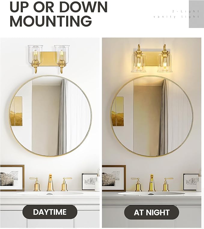 zeyu Bathroom Vanity Light Fixtures, 2-Light Wall Sconce for Bathroom Above Mirror, Gold Vanity Light with Clear Glass Shade, ZSL72B-2W BG
