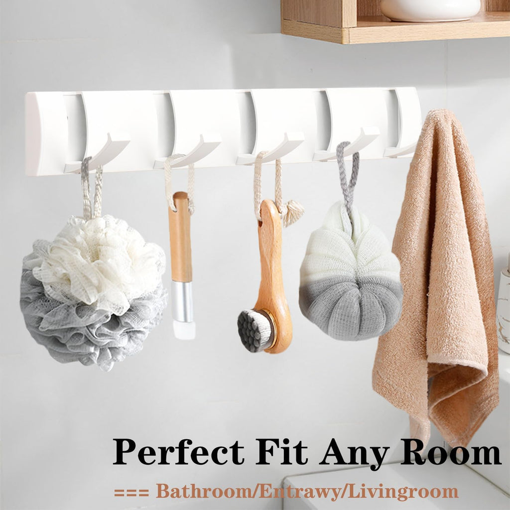 Folding Coat Hooks, Wall Mounted Coat Rack with 5 Retractable Hooks, Heavy Duty Towel Rack for Bathroom Wall Hook for Hanging Clothes Bathrobe, Stainless Steel Coat Hanger for Entryway(White)
