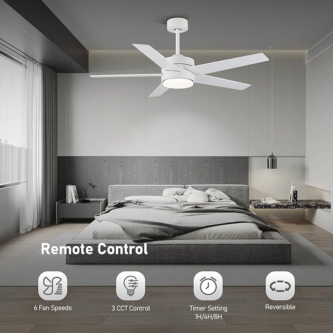 52 Inch Modern Ceiling Fan Light with Remote Control, Reversible DC Motor, Stepless Dimmable, Noiseless Modern Ceiling Fan for Indoor Use, White