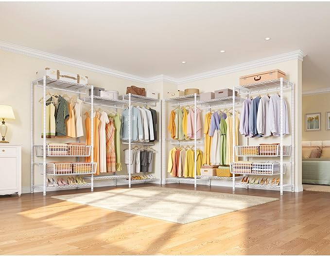 VIPEK V10 Wire Garment Rack 5-Tiers Heavy Duty Clothes Rack Large Size Clothing Rack with 4 Hanging Rods, 6 Wire Shelves and 2 Slid Baskets, 68.9" W x 15.7" D x 76.4" H, Max Load 920 LBS, White