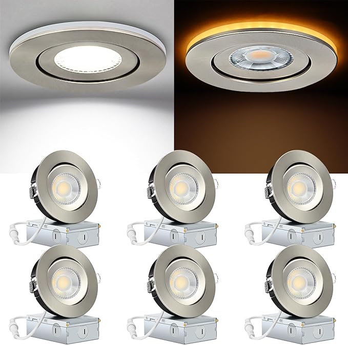 Brushed Nickel 4 Inch Recessed Lights with Night Light 6 Pack,Ajustable Recessed Lights,spot Lights Indoor with Junction Box,5CCT Selectable,9W 750LM,Dimmable