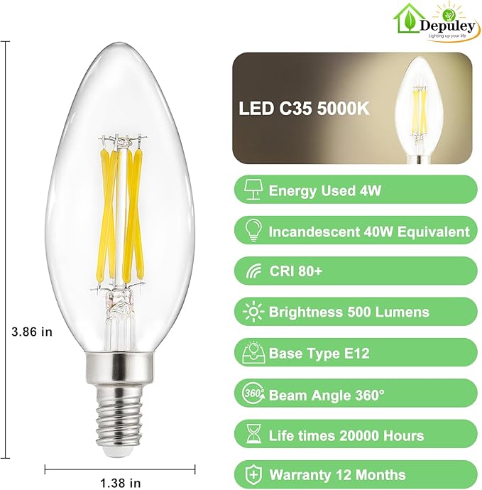 Depuley LED Light Bulbs E12: 24-Pack Candelabra Light Bulb 4W Candle Bulb Equivalent 40W - Edison Vintage Bulbs Daylight 5000K C35 Clear Bulb 500 LM 80+CRI Non-Dimmable