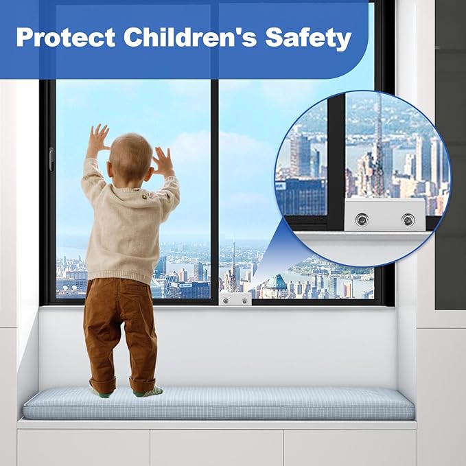 4 Sets Sliding Window Locks for Up and Down Windows with Key, Child Window Security Locks for Vertical & Horizontal Sliding Windows & Doors, Adjustable Easy to Install Window Stoppers Security