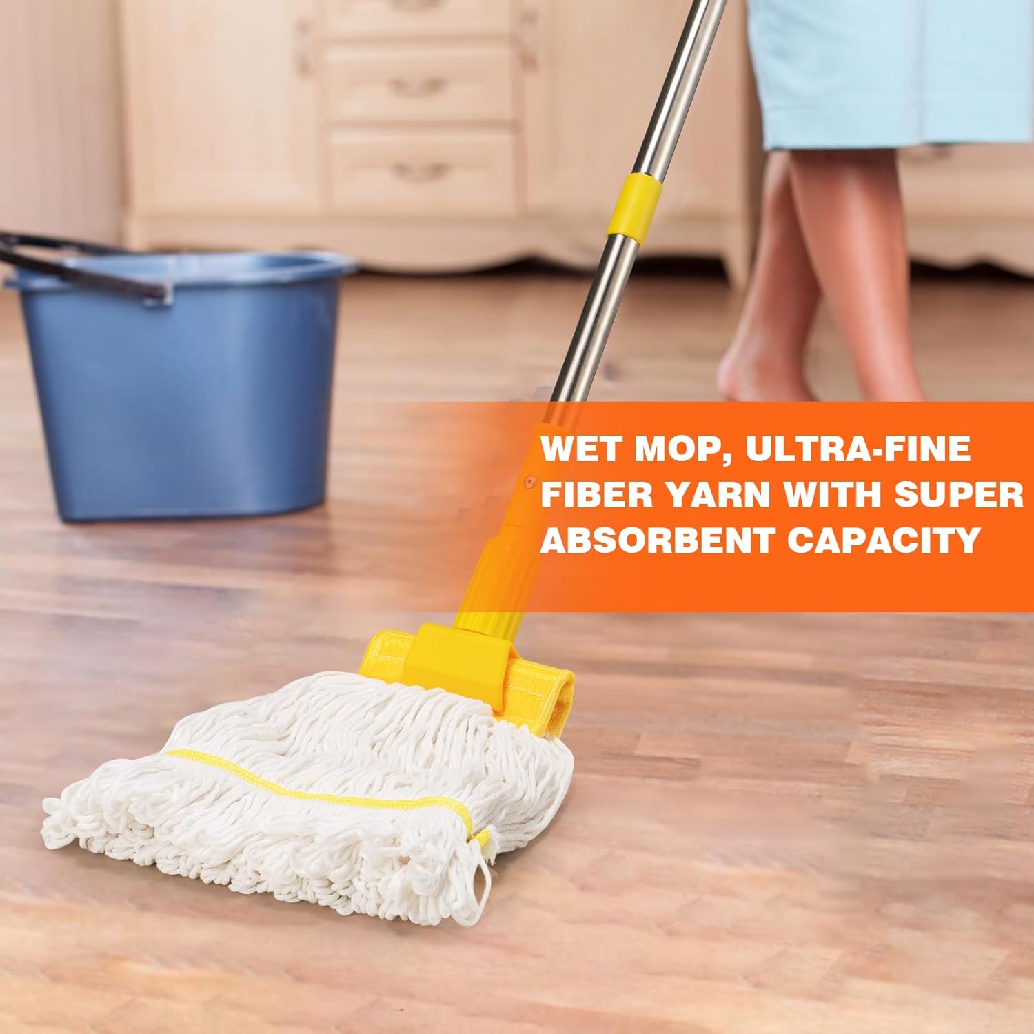 Professional Commercial Heavy Duty Mop,Clip Type Mop with 48" Long Handle,Cotton Wet Industrial Mops for Floor Cleaning,Home,Kitchen,Office,Garage and Concrete Tile Floor