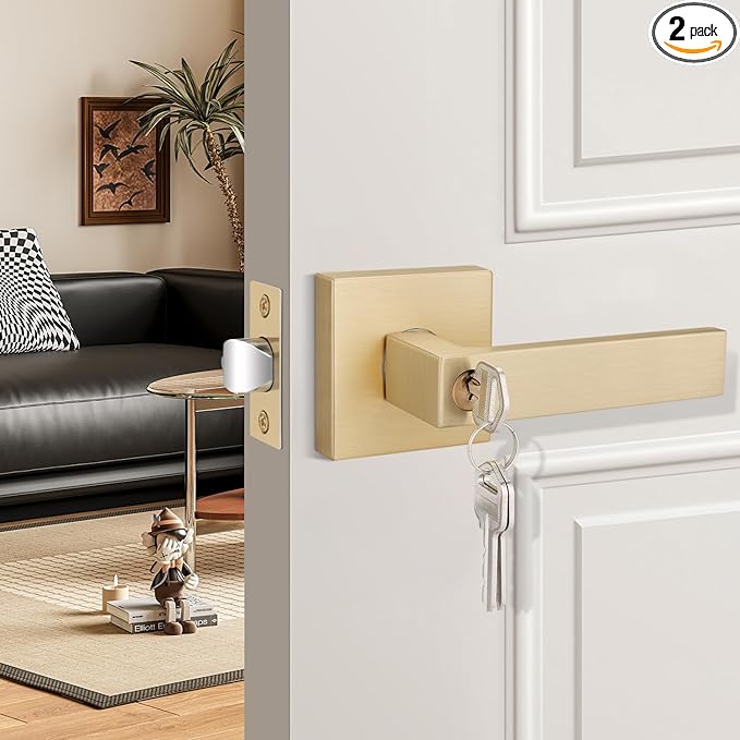 EHOMEWARE 2 Pack Gold Door Handles, Entry Door Levers with Keys, Not Keyed Alike - Interior Door Lever Door Handle with Modern Contemporary Design for Home Bedroom or Living Room