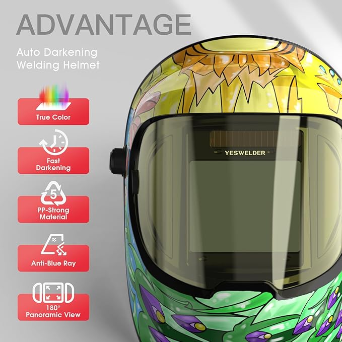 YESWELDER Auto Darkening Welding Helmet with SIDE VIEW, 180° Panoramic View, 1/1/1/1 True Color Solar Powered Welder Hood, Wide Shade 3/5-9/9-13 Welder Mask for TIG MIG ARC CUT and GRIND, LYG-Q800D