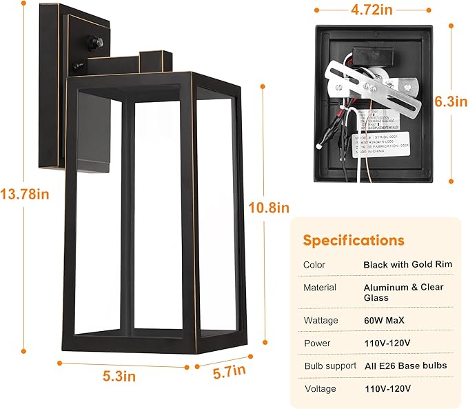 PARTPHONER Black Exterior Light Fixtures Wall Mount with Gold Rim, Dusk to Dawn Outdoor Porch Lights Lamp, Sensor Wall Sconce, Waterproof Outdoor Lantern for House Doorway, Garage 2 Pack