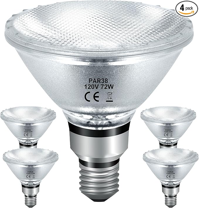72W Halogen PAR38 Floodlight Bulbs 4 Pack for Indoor Outdoor Flood Light Par38 Halogen Bulbs 72 Watt 120V, Warm White 2800K, 3420 Lumens, E26 Base Bulbs for Reptile Heat Lamp Bulbs
