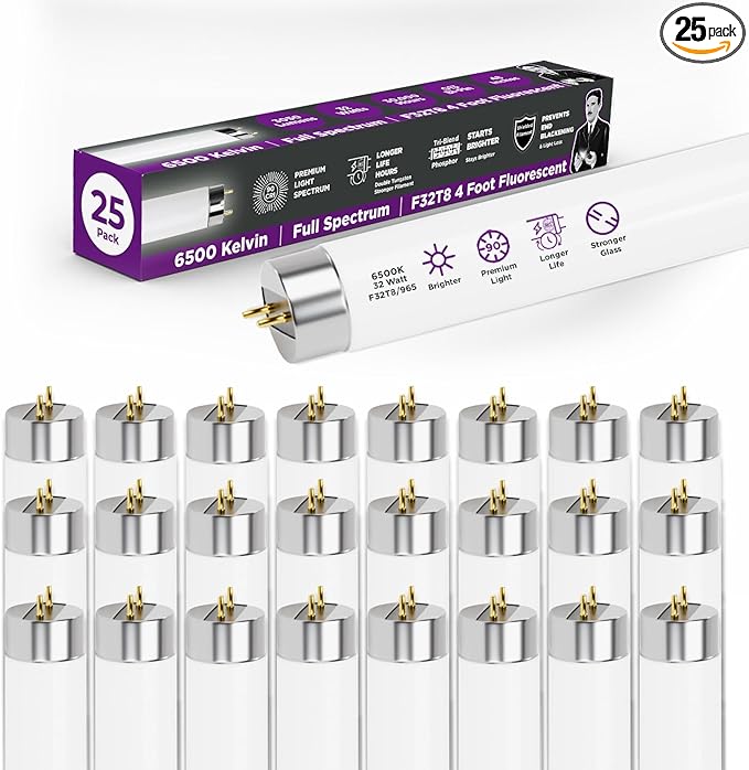 GoodBulb 32W 48 Inch T8 Fluorescent Light Bulb, 6500K Full Spectrum Medium Bi-Pin Base, 3050 Lumens 86 CRI 24000 Life Hours, Instant/Programmed Start (Pack of 25)