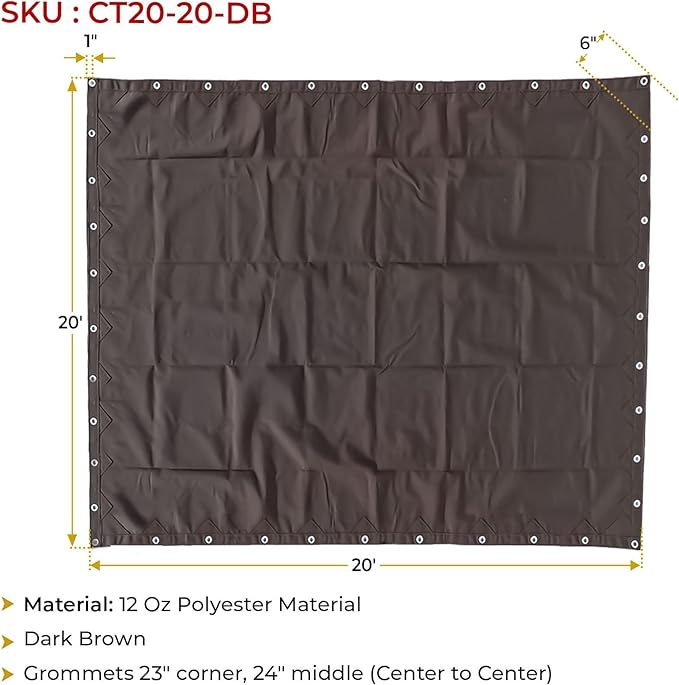 Mytee Products 20' x 20' Dark Brown 12oz Canvas Tarp with Grommets - Water Resistant - Heavy Duty Canvas Tarps - Multipurpose Tarpaulin Cover for Canopy Tent, Roof, Camping, Semi Trucks & Cargo