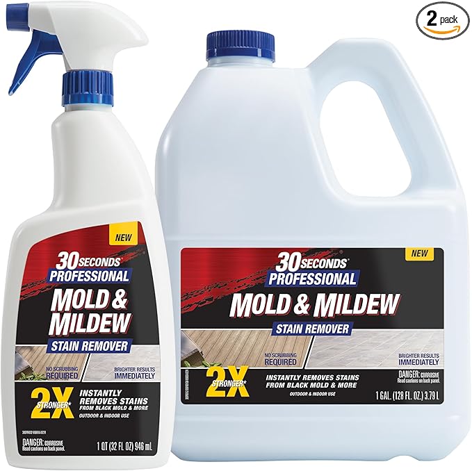 30 SECONDS Pro Mold and Mildew Stain Remover | Scrub Free | Brighter Results Instantly | Ready To Use | 32 oz Spray Bottle, 1 Gallon Refill