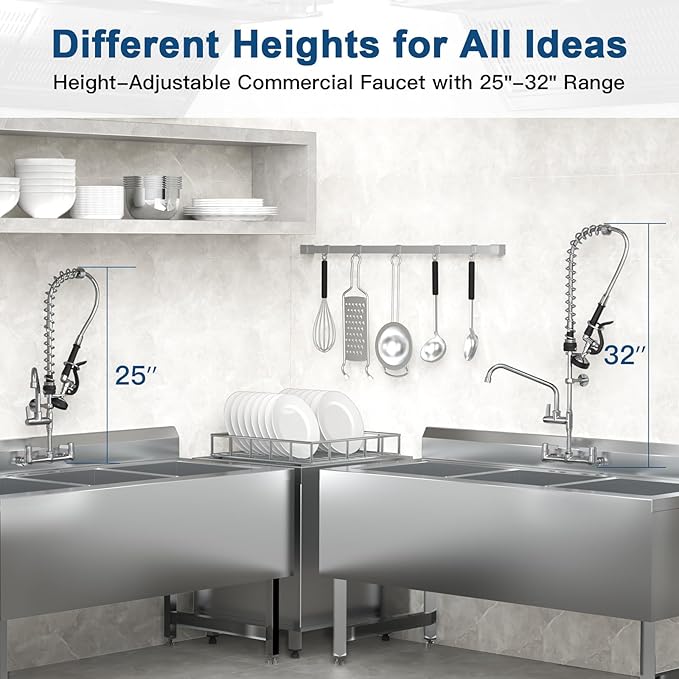 Height Adjustable Commercial Sink Faucet: BESTJEEF (25-32 inch) 8 inch Center Wall Mount Industrial Kitchen Faucet with Pre Rinse Sprayer - Ideal for Restaurants Cafes Bakery Canteens Cafeterias