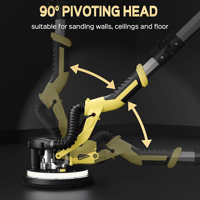 Drywall Sander, 2025 Upgraded 8-Amp Popcorn Ceiling Removal Tool with 7 Variable Speed 800-1800RPM, Drywall Sander with Vacuum Dust Collector with Extendable Handle, LED Light, 12pcs Sanding Discs