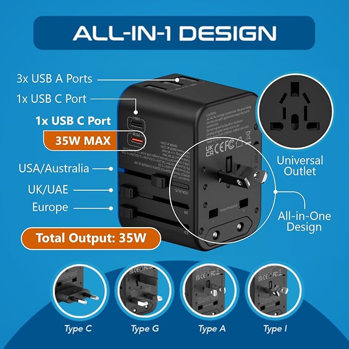 Ceptics Universal Travel Adapter, 35W International Power Adapter with PD & QC 3.0 Dual USB-C, 3 USB Travel Adapter Worldwide, Type I C G A Outlets 110V 220V A/C - EU Euro US UK (11-KU)