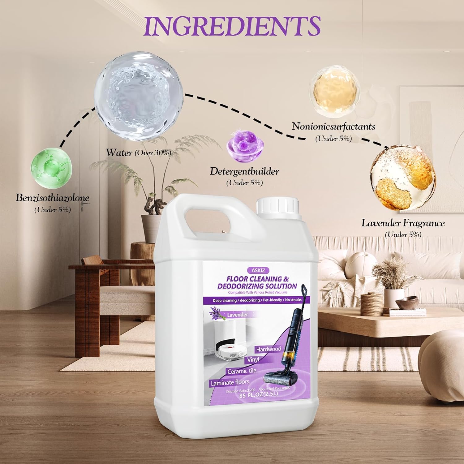 85 FL OZ Floor Cleaning Solution,Floor Cleaner for Mopping with Tineco,Deep Cleaning &Deodorizing for Roborock,Compatible with Saros Series,S8/S7 Series,Q Revo/Q Series,iFLOOR Series Wet Dry Vacuum