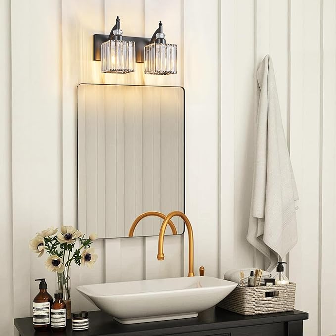 Crystal Vanity Lights - Black, 2 Light Modern Bathroom Vanity Light Fixtures Over Mirror
