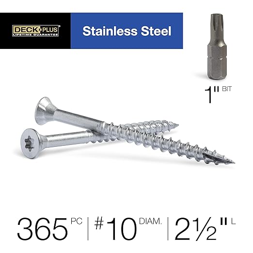 Deck Plus 2-1/2 Inch Epoxy Coated Exterior Wood and Fence Screws #10 x 2-1/2" Torx/Star Drive Included Coarse Thread, Outdoor Rust Resistant Decking Screw, Silver, 5lb Box, 365 Pieces | 48465