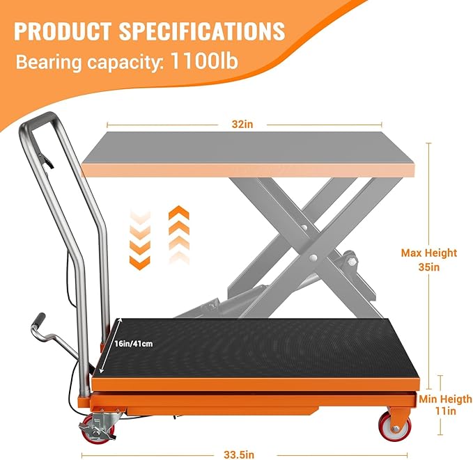 Hydraulic Lift Table Cart, 1100 LBS Capacity 28.5 in Lifting Height, Manual Single Scissor Lift Table with Locking Wheels and Non-Slip Pad, Hydraulic Scissor Cart for Material Handling