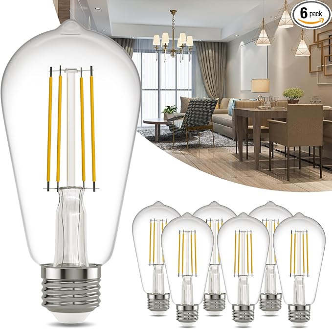 Kawaya E26 LED Edison Bulbs: 6-Pack 8W Equivalent 80W Dimmable LED Bulbs - Vintage ST58 5000k Daylight White - 800 Lumens High Brightness Bulbs with 90+ CRI - Clear Glass