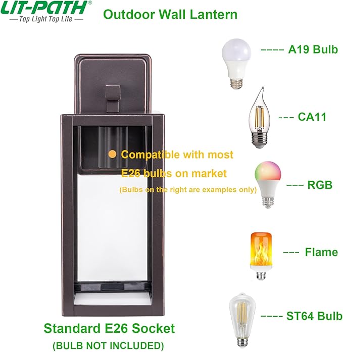 LIT-PaTH Outdoor Wall Lantern, Wall Sconce as Porch Lighting Fixture, E26 Medium Base Max 60W, Anti-Rust Metal with Glass Shade, Oil Rubbed Bronze Finish, 2-Pack