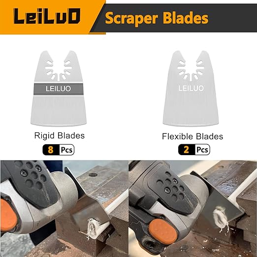 LEILUO Oscillating Tool Scraper Blade Set 10 PCS – 8 Rigid & 2 Ultra Flexible Blades for Removing Paint Caulk Adhesive Compatible with DeWalt Makita Milwaukee Dremel and More