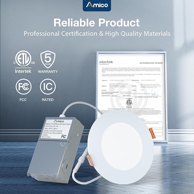 Amico 24 Pack 4 Inch 5CCT Ultra-Thin LED Recessed Ceiling Light with Junction Box, 2700K/3000K/3500K/4000K/5000K Selectable, 800 Lumens, Dimmable Canless Wafer Downlight, 10W Eqv 60W-ETL&FCC
