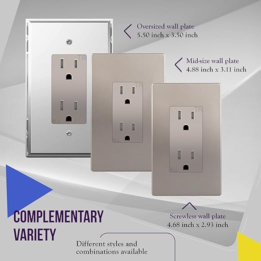 ENERLITES, Nickel Elite Series Decorator Receptacle Outlet Child Safe Tamper-Resistant, Self-Grounding, 2-Pole, Residential Grade, 15A 125V, UL Listed, 61501-TR-NK