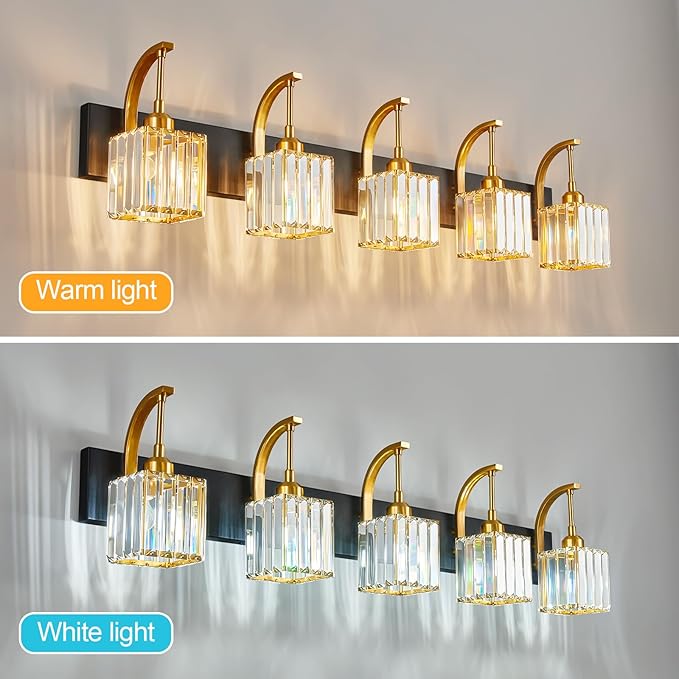 Crystal Vanity Lights 5-Light Black Gold Bathroom Vanity Lights Modern Crystal Bathroom Light Fixtures Over Mirror 42.51" Long Vanity Light for Bathroom