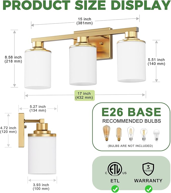 DORESshop 17 Inch Bathroom Light Fixtures, 3-Light Brass Bathroom Lighting Fixtures Over Mirror with Milk Glass Shade, Vanity Lights for Living Room Bedroom