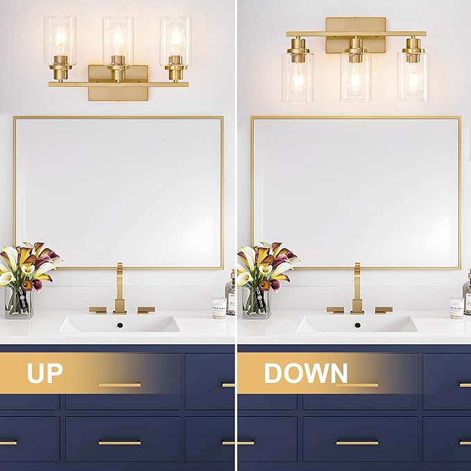 3 Light Bathroom Light Fixtures Brushed Brass Vanity Light Over Mirror Modern Farmhouse Wall Lighting Sconces Wall Lamp for Bathroom, Bedroom, Living Room E26 Socket with Glass Shade
