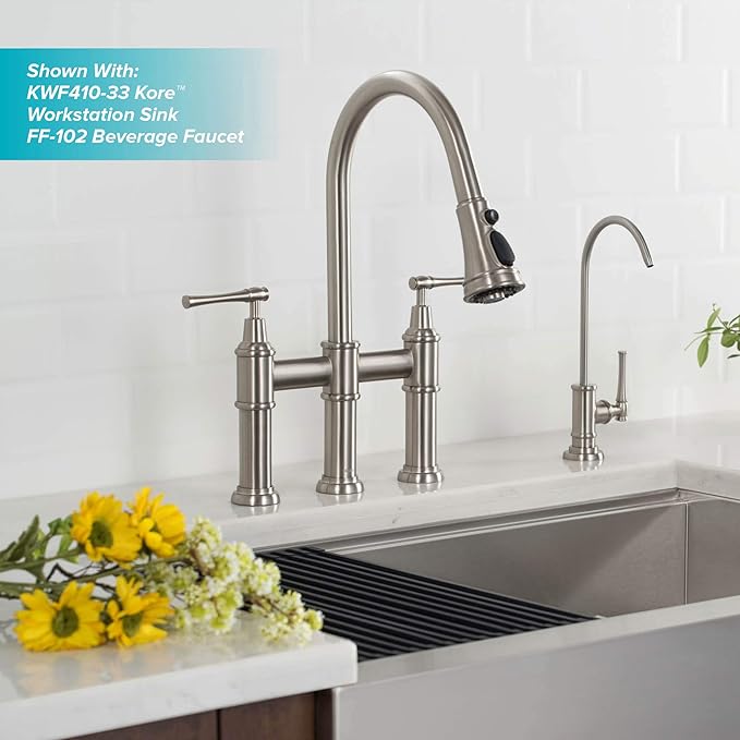 KRAUS Allyn Transitional Bridge Kitchen Faucet with Pull-Down Sprayhead in Spot Free Stainless Steel, KPF-3121SFS