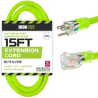 Iron Forge Cable Weatherproof 15 Ft Outdoor Extension Cord - 16/3 SJTW 13 Amp Heavy Duty Neon Green High Visibility Cable with 3 Prong - Lighted End