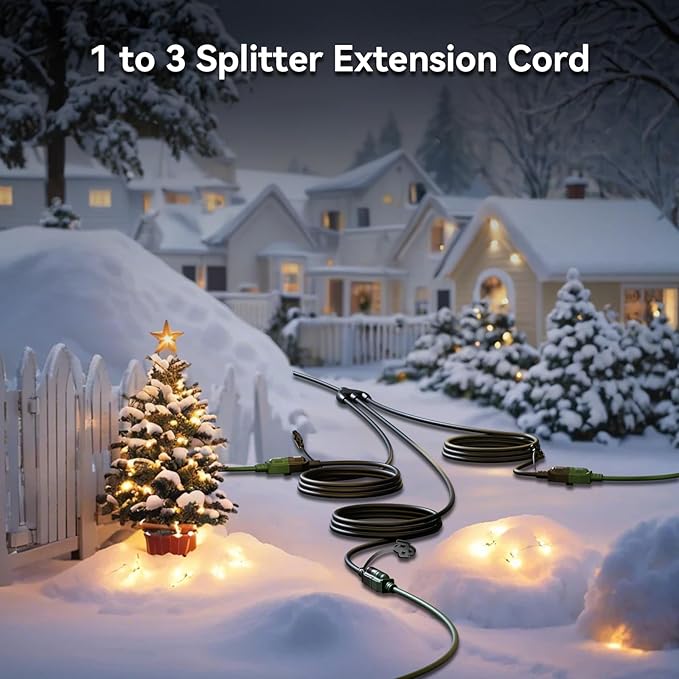 K KASONIC - 40 FT Halloween Lights Outdoor Extension Cord 1 to 3 Splitter, 3 Prong Outlets Plugs, 16AWG/3C SJTW Weatherproof Wire for Holiday Decoration Light, ETL Listed, Black